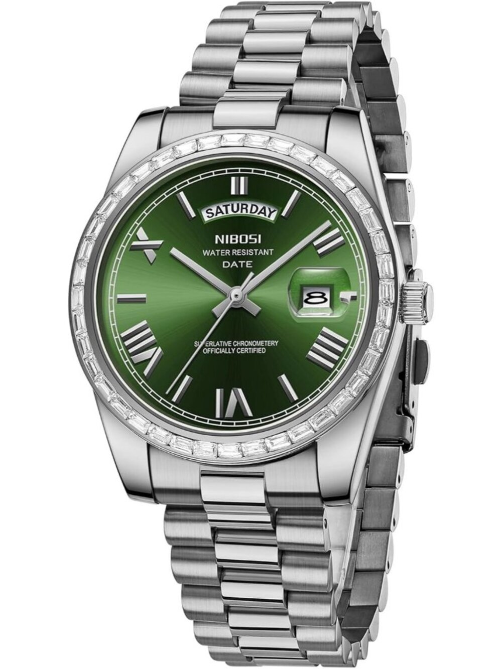 Nibosi Men's Silver Green Analog Quartz Diamond Bezel Stainless Waterproof Watch